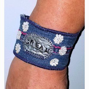 Dream Boho Denim Bracelet Wide Cuff Vintage Floral Crochet Hand Stamped Metal